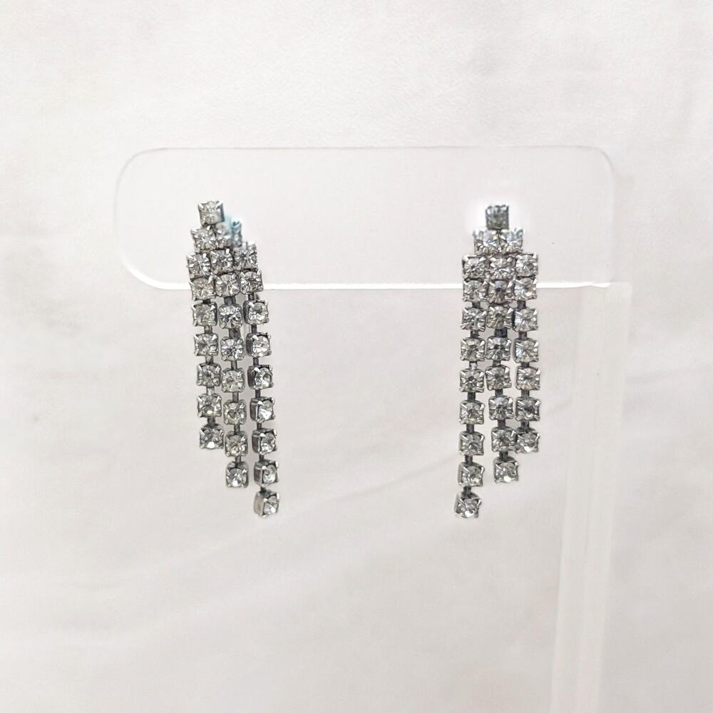 Vintage Clip On Earrings Three Strand Cascading Clear Gems Elegant